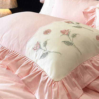 Decobites Vintage Pink Red Rose Flowers Embroidery Bedding Set with Ruffles