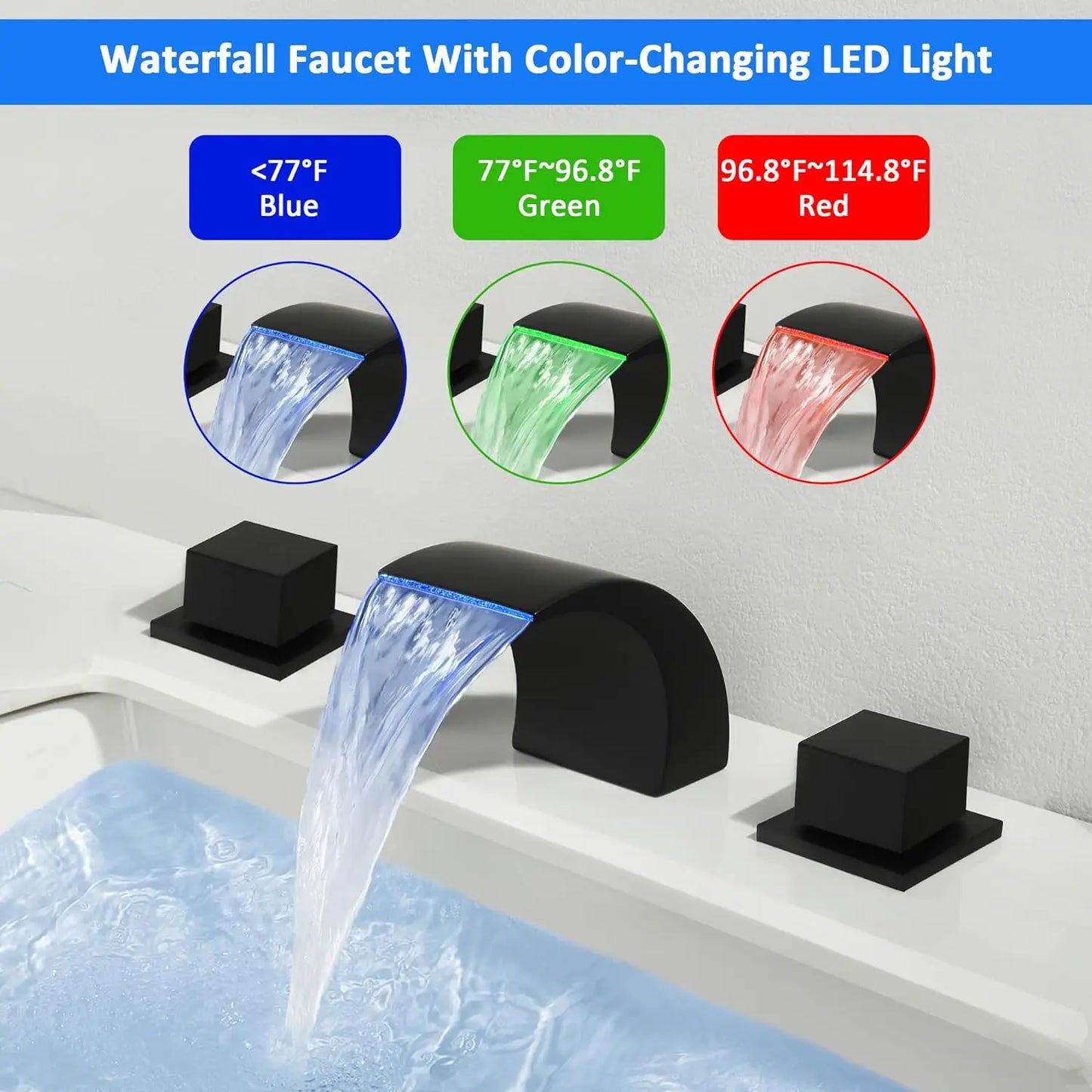 LED Bathroom Faucets Waterfall Vanity Faucet 3 Holes Widespread Two Handle Lavatory Sink Faucet with 3 Colors Changing LED Light