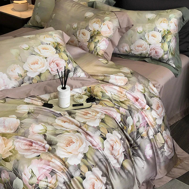 Decobites Luxury Floral Bedding Set with Lyocell Cotton Duvet Cover, Sheet, and Pillowcases