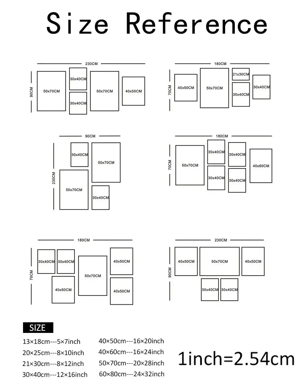 size reference chart displaying rectangular dimensions in centimeters and inches with conversion factor for DecorBites™ serene beach swimming watercolor illustration canvas art print.