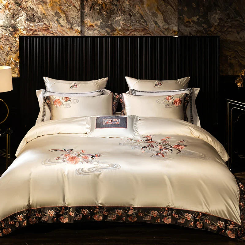 Decobites Champagne Flowers Embroidery Luxury Bedding Set - Satin Brocade Cotton Bedding