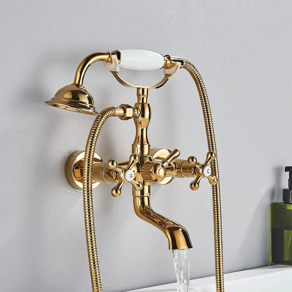 DecorBites™ Golden Black Bathtub Faucet with Hand Shower and Rotate Spout