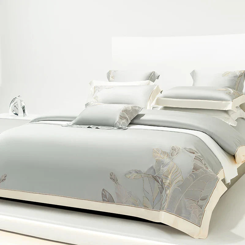 DecorBites™ Eucalyptus Lyocell Soft Silky Cool Bedding Set with Leaves Embroidery