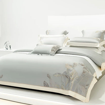 DecorBites™ Eucalyptus Lyocell Soft Silky Cool Bedding Set with Leaves Embroidery