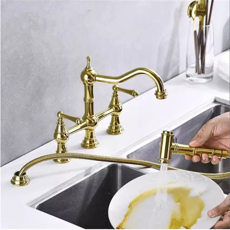 Grifo de cocina Decorbites™ de oro con ducha de mano y grifo de llenado de ollas