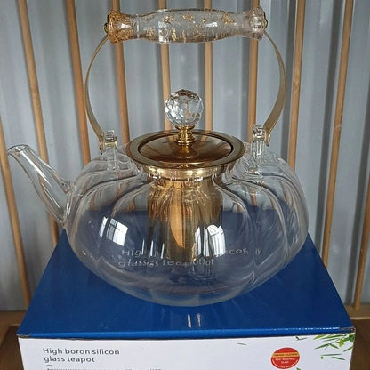 DecorBites™ Amber Glass Teapot Filter, Heat-Resistant, Pumpkin-Shaped, Ideal for Boiling and Brewing Tea