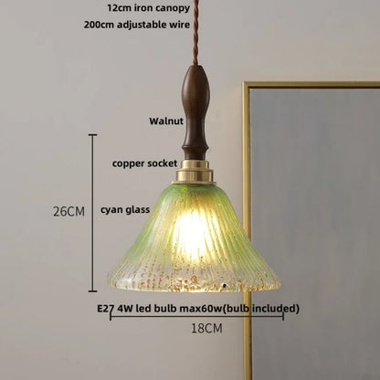 Lámpara colgante DecorBites™ LED de madera de nogal y cristal verde - Estilo nórdico moderno