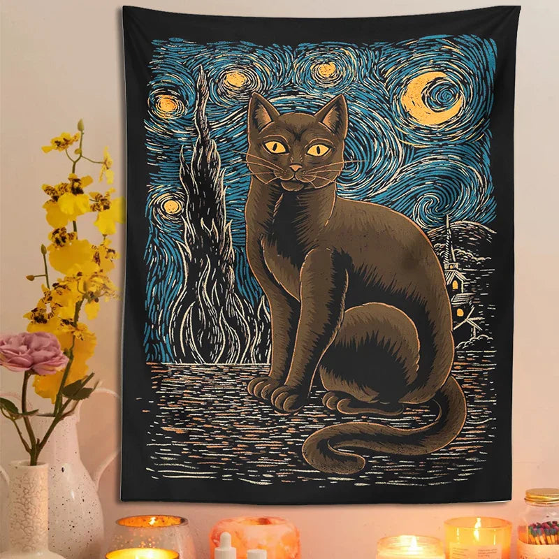 Decobites Starry Night Cat Tapestry: Van Gogh Inspired Mysterious Wall Decor