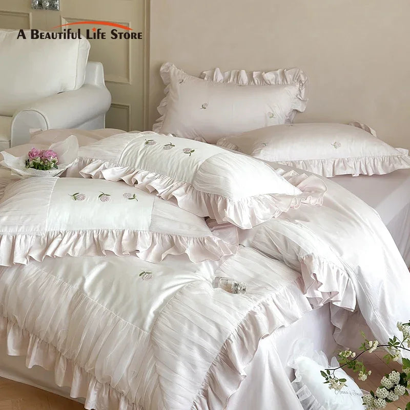 Decobites Rose Embroidery Lace Ruffles Bedding Set 1000TC Egyptian Cotton Duvet Cover Flat Sheet