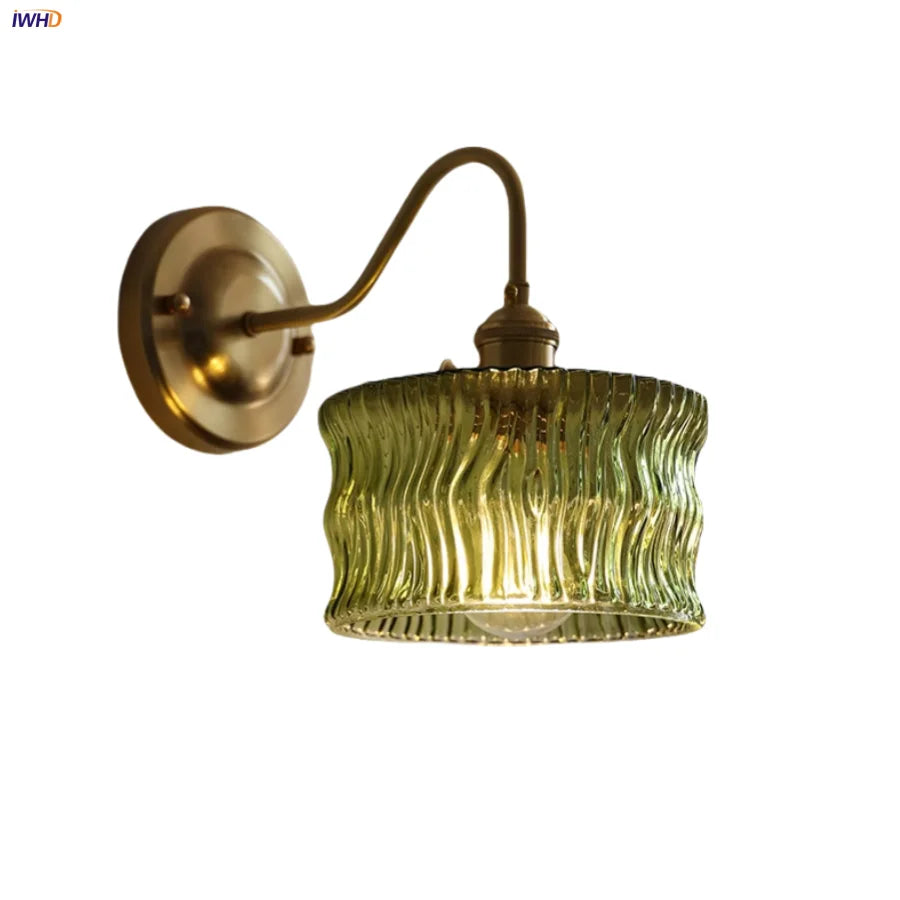DecorBites™ Green Glass LED Wall Light with Copper Knob Switch for Modern Home Décor