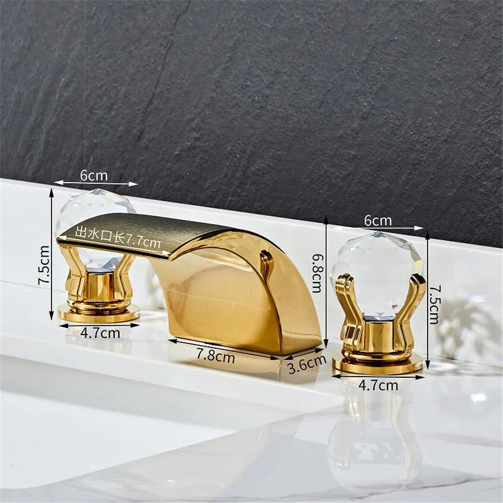 DecorBites™ Black Basin Faucet: Brass Gold Crystal Sink Faucet, 3 Hole Waterfall Tap