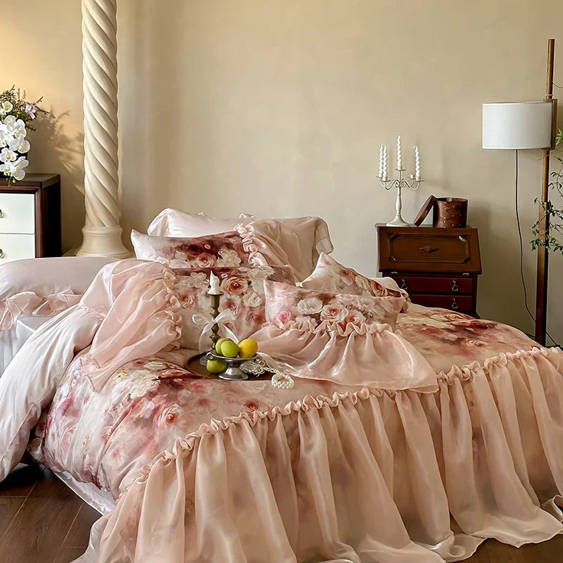 Decobites Romantic Rose Organza Lace Ruffles Bedding Set with Soft Silky Feel