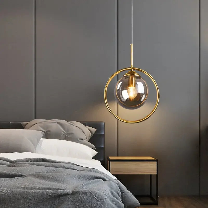 Decorbites™ Lámpara colgante de bola de vidrio del anillo dorado para cocina, comedor y mesita de noche