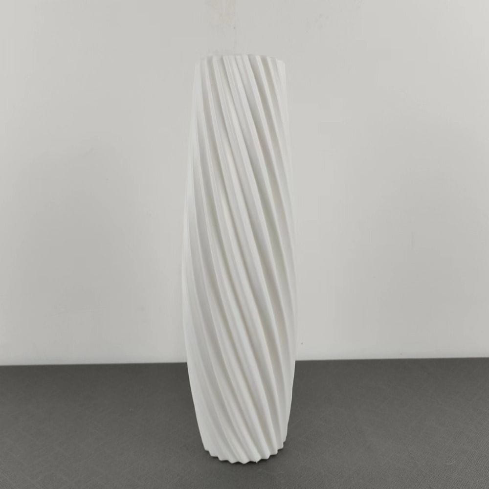 White ceramic decorbites™ nordic style plastic flower vase with a tall slender silhouette and vertical ribbed texture for home decor.