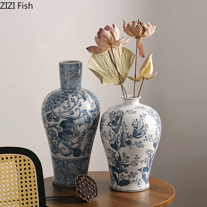 DecorBites™ Blue White Porcelain Vase Plant Pots Room Decor Flowers Arrangement