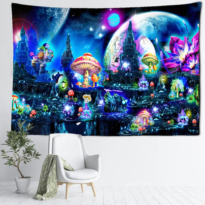 Decobites Mushroom Castle Tapestry Wall Hanging for Magical Home Decor