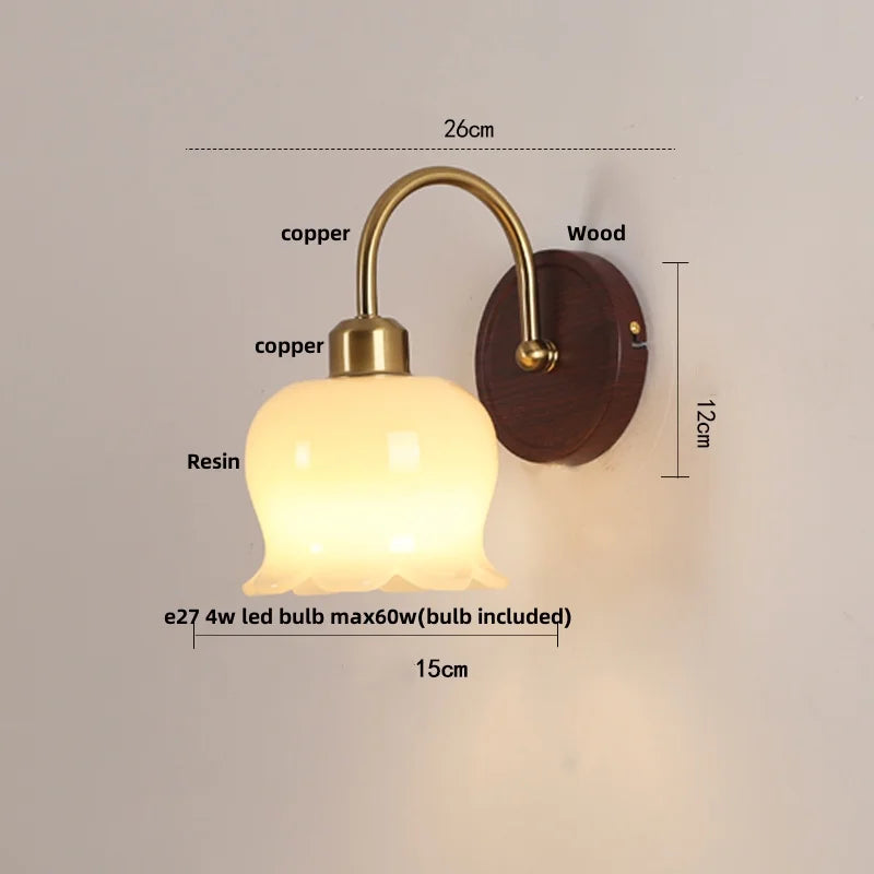 DecorBites™ LED Wall Light Glass Fixture Pull Chain Switch Wood Bedside Sconce