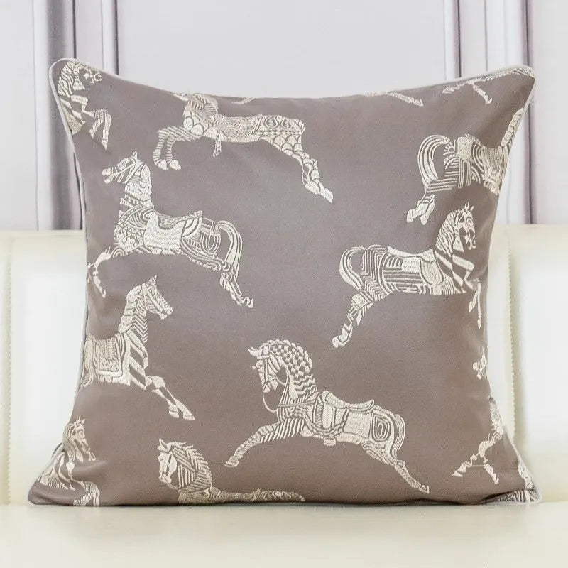 DecorBites™ Gold Faux Silk Horses Jacquard Cushion Cover, Soft Chinese Style Throw Pillow Case