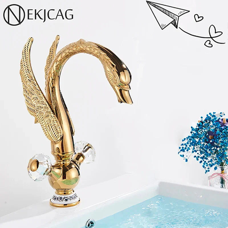 Decorbites™ Grifo de Lavabo con Asa de Cristal Cisne Dorado - Montaje en Cubierta Mezclador de Baño de Lujo