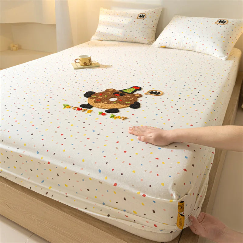 DecorBites™ Cartoon Embroidered Fitted Sheet Single Bed Cover, 100% Cotton, All Seasons, Anti-Slip