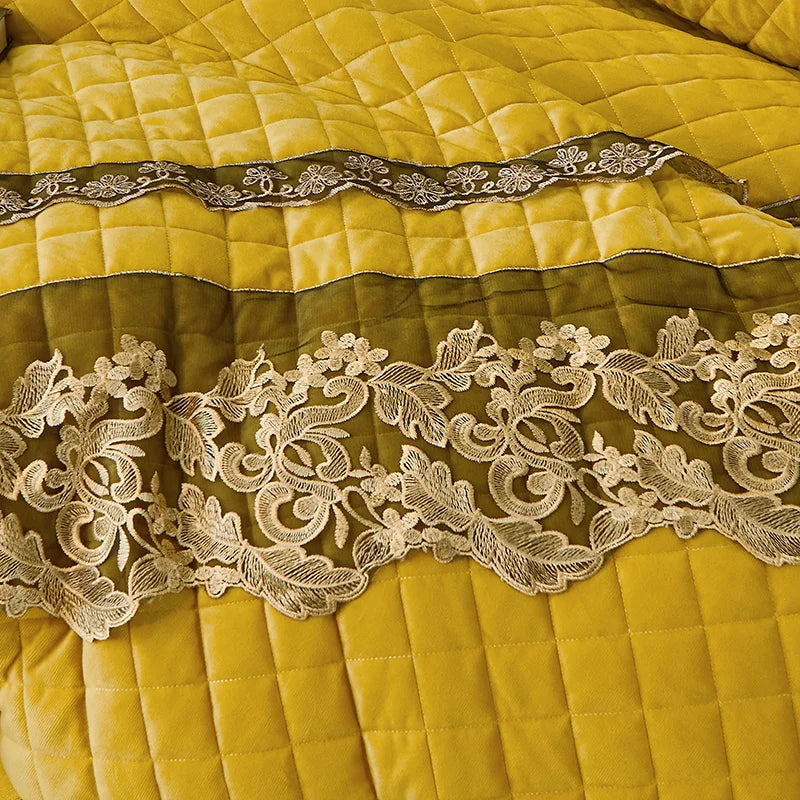 Decobites Black Gold Luxury Crystal Velvet Bedding Set with Quilted Embroidery & Ruffles