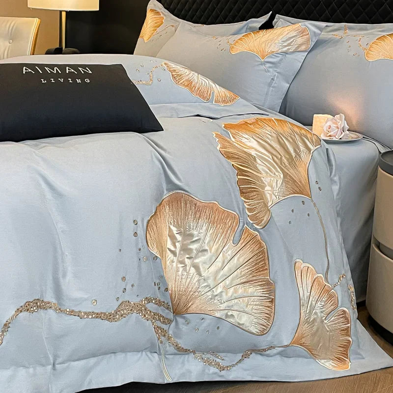 Decobites Gold Ginkgo Leaf Embroidery Bedding Set - 100% Cotton Luxury 4Pcs