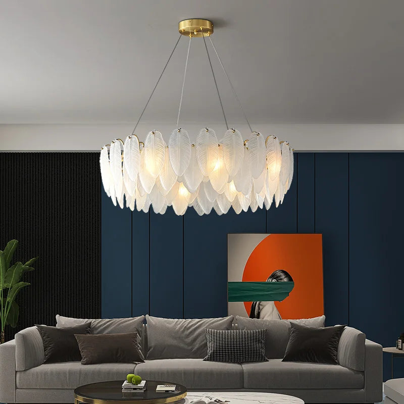 DecorBites™ Gold Feather Chandelier LED Pendant Light for Home Decor