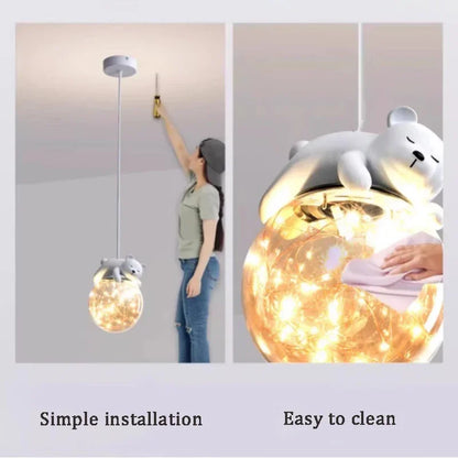 DecorBites™ Glass Children Room Chandelier: White Bear Bunny Lamp for Modern Baby Boy Girl Bedroom