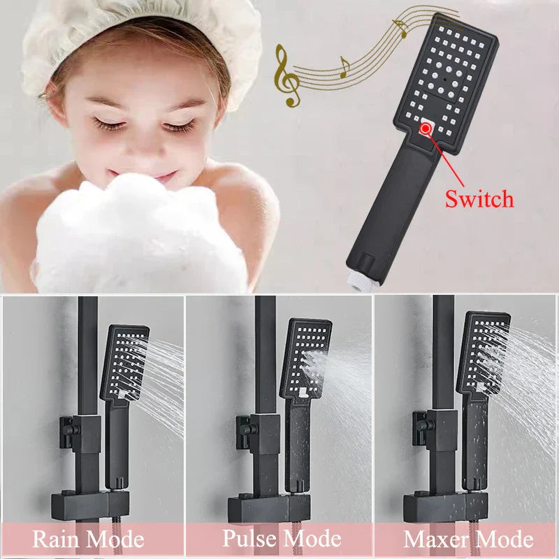 مجموعة صنبور دش DecorBites™ من الفولاذ المقاوم للصدأ باللون الأسود مع مخرج شلال - صنبور حوض استحمام من الكروم