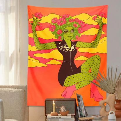 Decobites Cactus Girl Tapestry Wall Hanging 60s Flower Psychedelic Retro Boho Decor