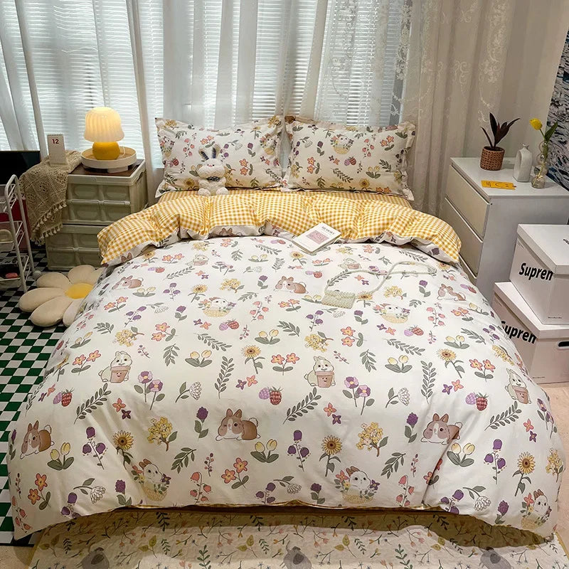 Decobites Flowers Print Cotton King Size Bedding Set, Soft & Comfortable Duvet Cover Set