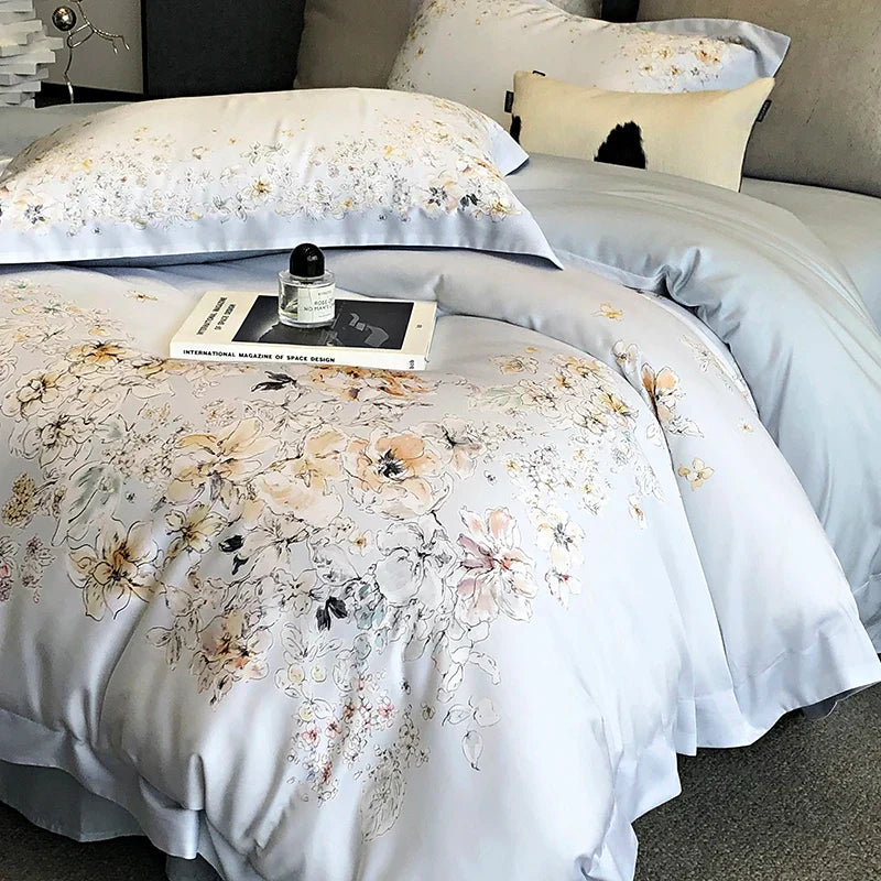 Decobites Flowers Plant Print Bedding Set: Luxe Lyocell Cotton Soft Silky Cool Duvet Cover Set