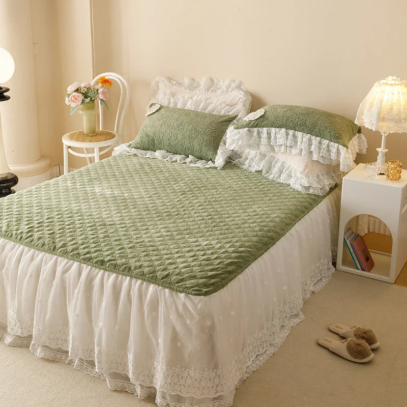 Decobites Luxe Carved Velvet Lace Ruffles Bedding Set with Quilted Bed Skirt