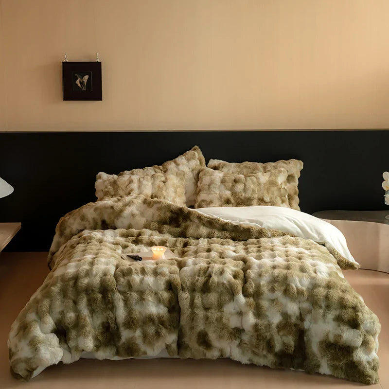 Decorbites™ Luxus Kunstpelz & Samt-Patchwork-Bettwäsche-Set - Daunendecke, Laken & Kissenbezüge