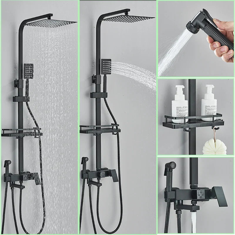 Juego de grifería para ducha DecorBites™ de latón negro con caño giratorio para bañera y columna de ducha tipo lluvia