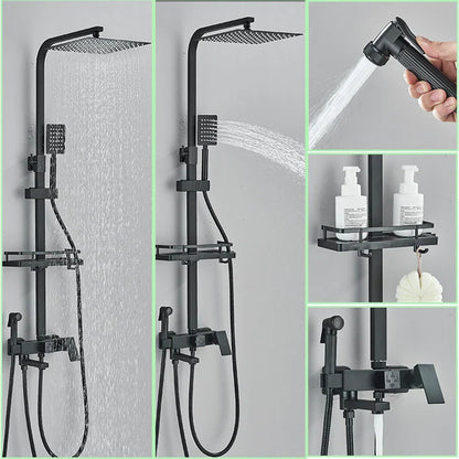 Juego de grifería para ducha DecorBites™ de latón negro con caño giratorio para bañera y columna de ducha tipo lluvia