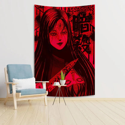 DecorBites™ Japanese Horror Manga Hanging Tapestry for Creepy Aesthetic Witchcraft Decor