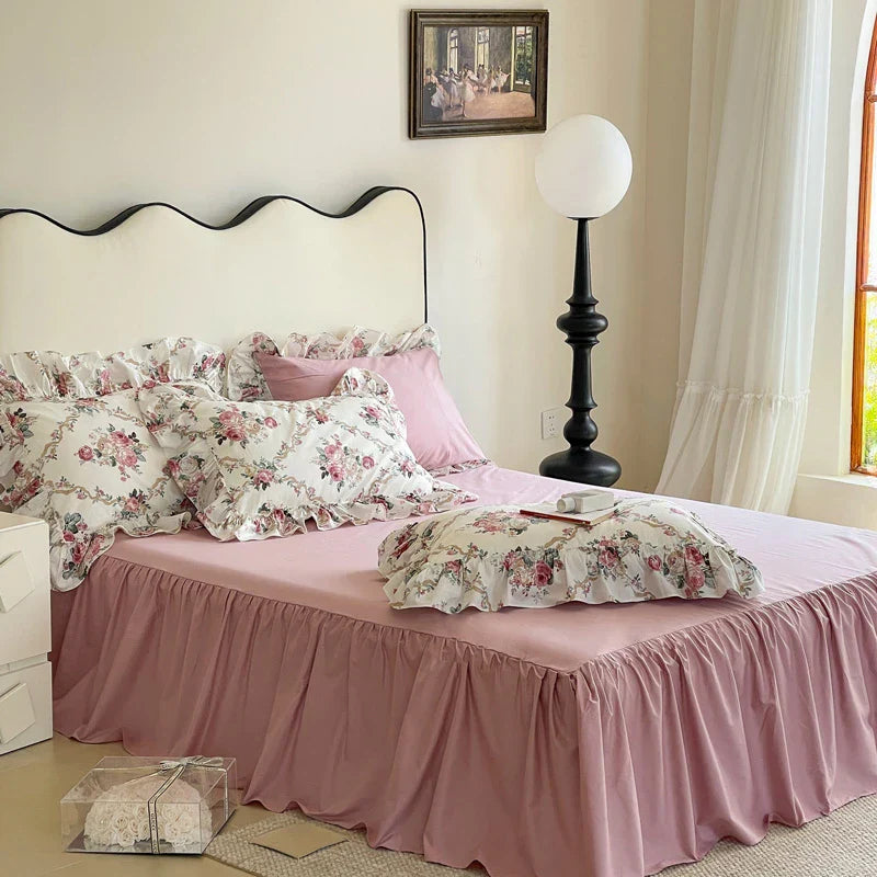 Decobites Vintage Rose Lace Ruffles Bedding Set - 100% Cotton French Style