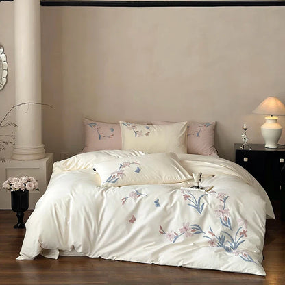 Decobites Elegant Flower Embroidery Cotton Bedding Set - Single Queen King Sizes