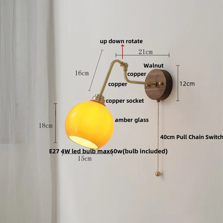 DecorBites™ LED Wall Lights Pull Chain Switch Bedside Lamp Amber Glass Modern Stair Light Fixtures