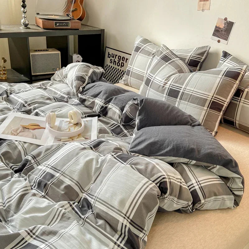 DecorBites™ Japanese Style Check Duvet Cover Set - Soft Washed Quilt Cover & Pillowcase