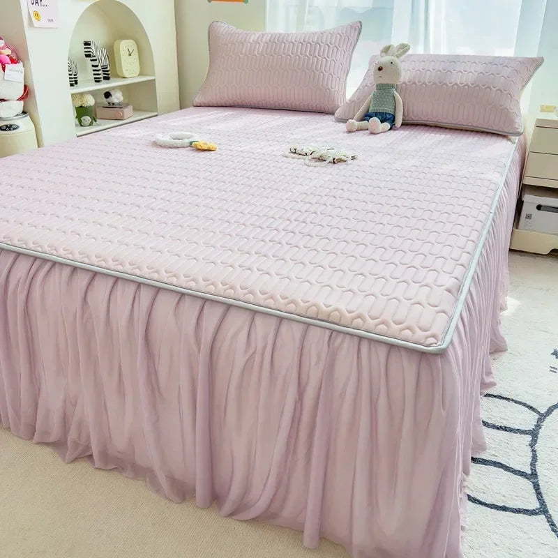 DecorBites™ Cool Fabric Latex Bed Skirt Set: Solid Color Summer Mat with Elastic Band