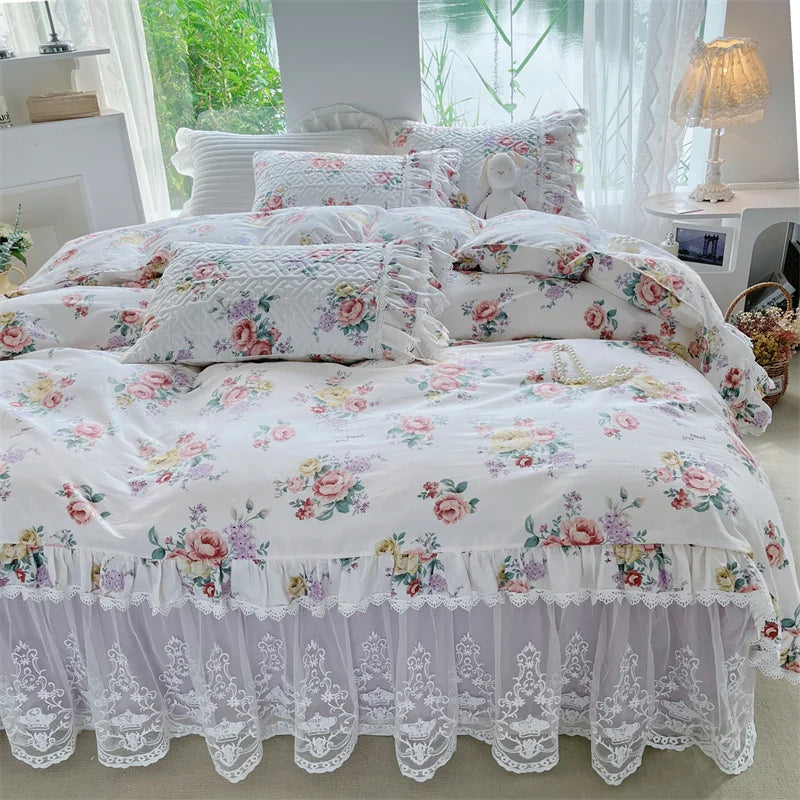 Decobites French Floral Print Bedding Set: Duvet Cover, Lace Ruffles, Quilted Embroidery, Pillowcases