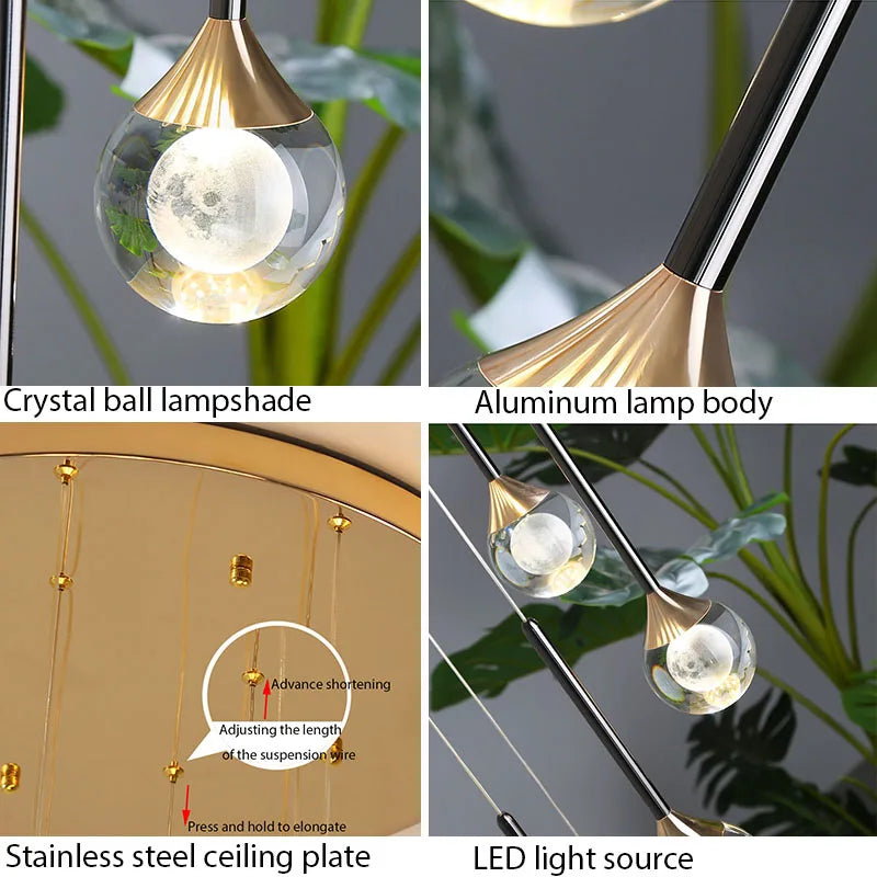 Chandelier de gotas de lluvia de cristal dorado Decorbites™ para escalera y vestíbulo