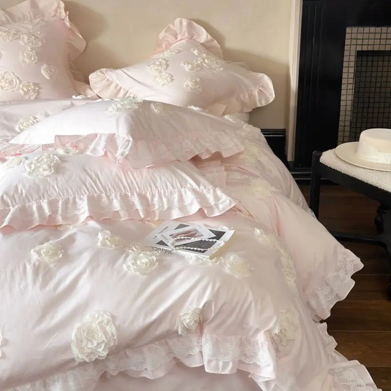 Decobites Pink Flowers Ruffles Princess Wedding Bedding Set - Soft Washed Cotton