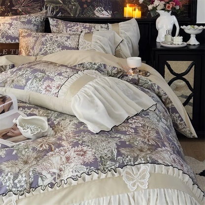 Decobites Exquisite Lace Ruffle Butterfly Egyptian Cotton Bedding Set