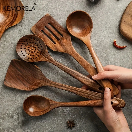 DecorBites™ 5PCS Teak Wooden Cooking Spoon Set - Natural Kitchen Tableware Tools