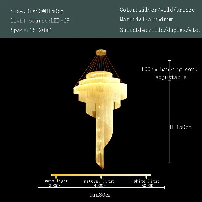 Lámpara de araña LED DecorBites™ con borla dorada para techos altos: iluminación elegante para la decoración del hogar.