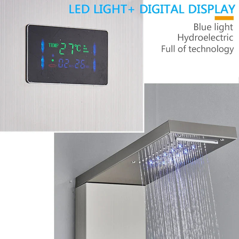 DecorBites™ LED Shower Panel Column Faucet with Rainfall Waterfall, Back Jet, Mixer Tap
