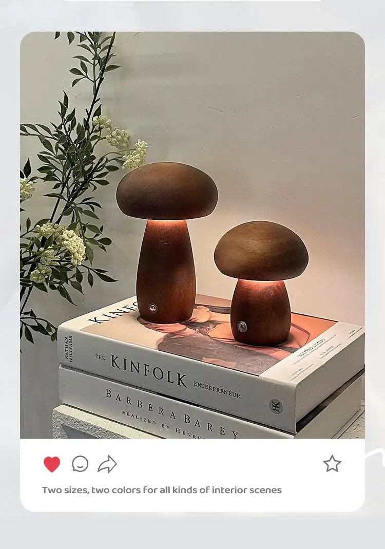DecorBites™ INS Wooden Creative Mushroom Night Light Stepless Dimming Bedside Table Lamp 3 Color Rechargeable Sleeping